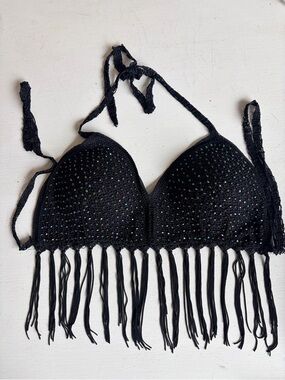 SEDUCTION Black Fringe Crochet Bralette with Rhinestones